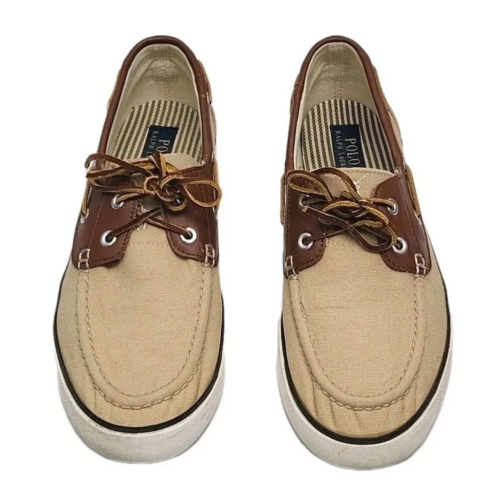 Polo Ralph Lauren Boat Shoes Men Sz 9.5 D Tan Brown Canvas Leather Rylander